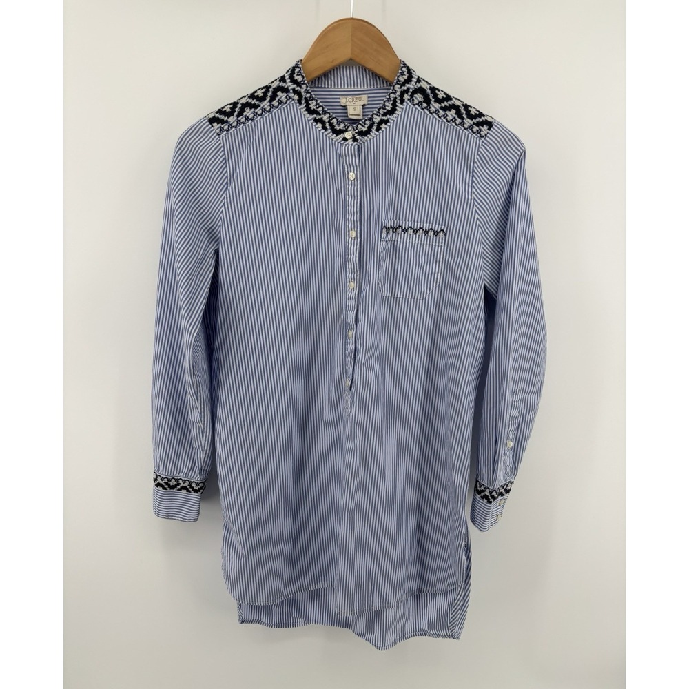 J.Crew Embroidered Tunic Top Sz S Button Front Hi Low Hem Striped Preppy Boho